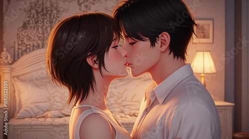Young couple kissing deeply in bedroom, romantic animated illustration of lovers sharing intimate moment at home for relationship concept.