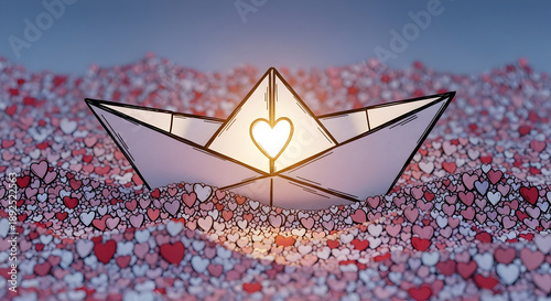 A delicate paper boat, glowing with inner light, rests amidst a sea of tiny, scattered heart-shaped confetti, symbolizing love and hope