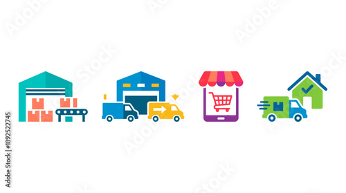 Logistics process icons illustrating the complete product journey, from the warehouse to the consumer's doorstep