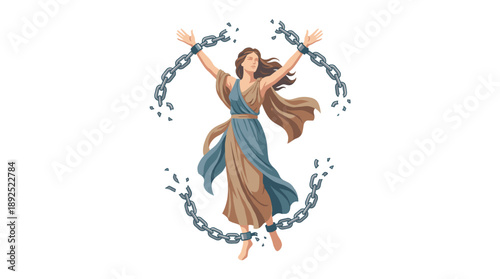A woman breaks free from chains, symbolizing liberation and freedom