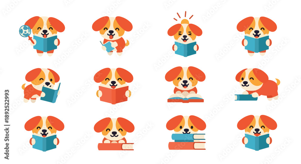 Fototapeta premium Set of Cartoon Puppies Reading Books