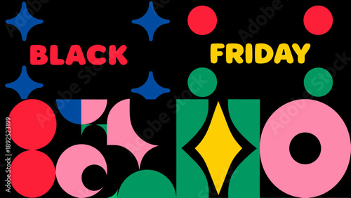 Black friday advertisement with geometric shapes and vibrant colors on a black background design style