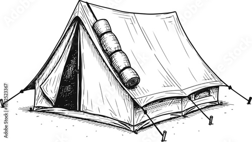 Camping tent with sleeping bag on top