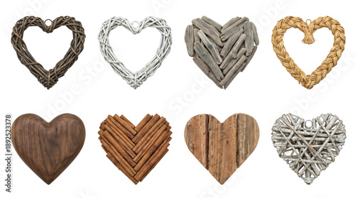 Rustic wooden heart set including wicker, driftwood, cinnamon stick, and reclaimed timber styles isolated. Decorative country home and valentines ornament collection.