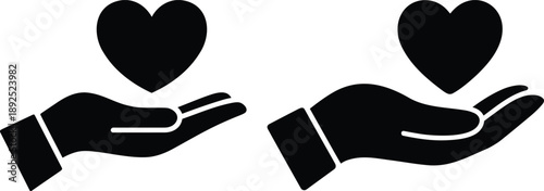 Black silhouette icon showing open hands presenting a heart, representing concepts of giving, care, health, philanthropy, and kindness; isolated vector symbol.