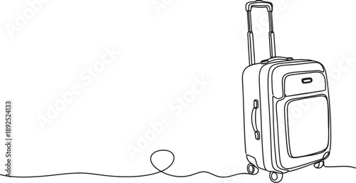 Single continuous line drawing of a suitcase with a handle and wheels