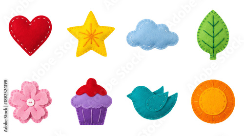 Colorful felt shape set including heart, star, cloud, leaf, flower, cupcake, bird, and sun isolated. Handmade craft and nursery decoration collection.