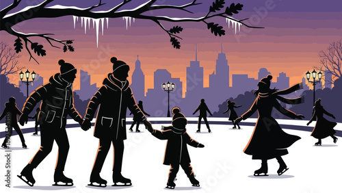 Family Ice Skating Silhouettes on Winter Evening with Cityscape Background Illustration