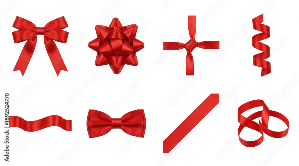Naklejka premium Red gift bow and ribbon collection including classic knots, star rosette, curled streamers, and satin strips isolated. Christmas and birthday present decoration.