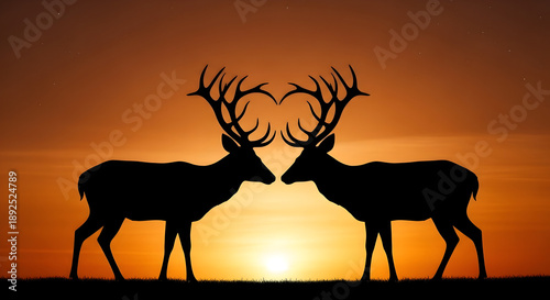Majestic deer stags in a symmetrical silhouette, their grand antlers against a fiery orange sunset, a captivating display of wild nature's serene beauty