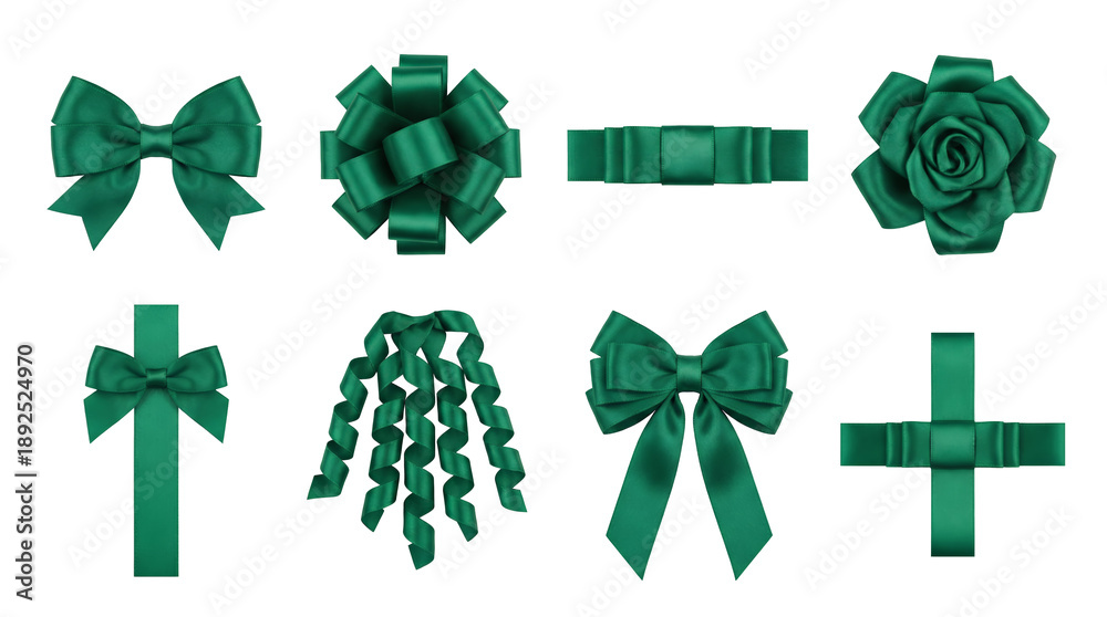 Fototapeta premium Emerald green satin ribbon bow set including classic knots, rosettes, curly streamers, flowers, and cross ties isolated. Christmas decoration and gift wrapping.