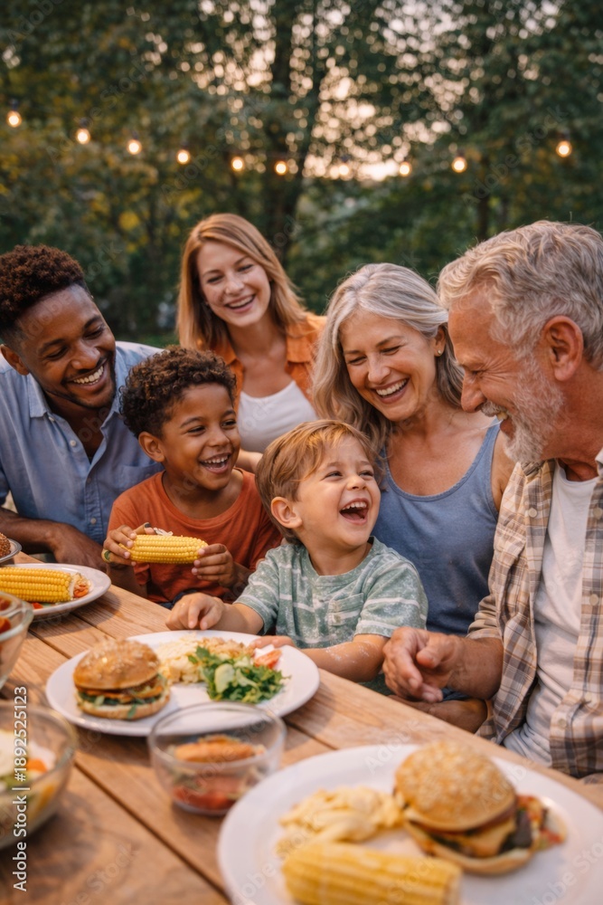 Fototapeta premium Happy multiethnic family sharing outdoor dinner at table in backyard during sunset