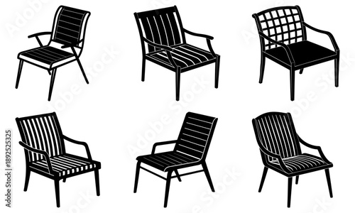 Collection of various chair designs illustrated from different viewpoints showcasing furniture styles and designs