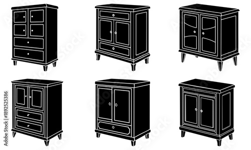 Collection of various black cabinet designs displayed from a front viewpoint