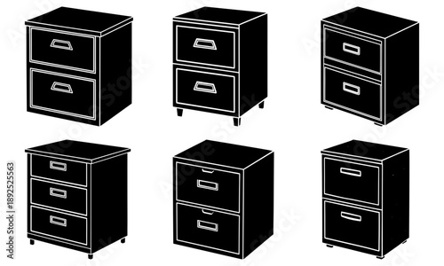 Collection of six black filing cabinets with varying drawer configurations displayed on a plain background from a front viewpoint