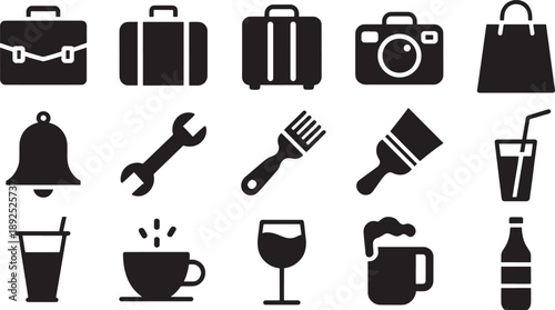 Black silhouettes of travel and food white background