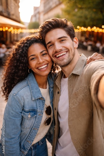 Young couple taking cheerful selfie at outdoor market during sunny day with bright expressions