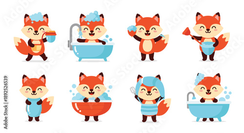 Cute Foxes Taking a Bath Vector Collection