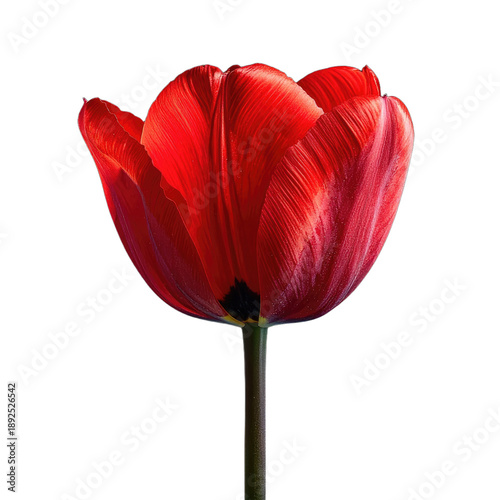 A vibrant, close-up shot of a single, red tulip on a stark, black background