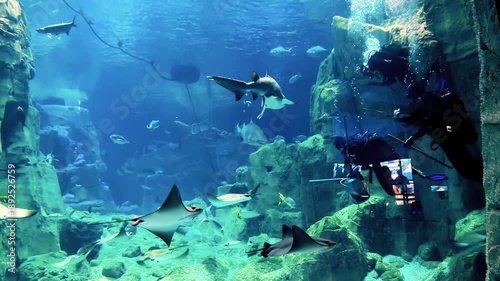 Wallpaper Mural Professional divers feeding sharks during scheduled routine with marine animals swimming nearby in blue water, shot handheld, 4k footage Torontodigital.ca