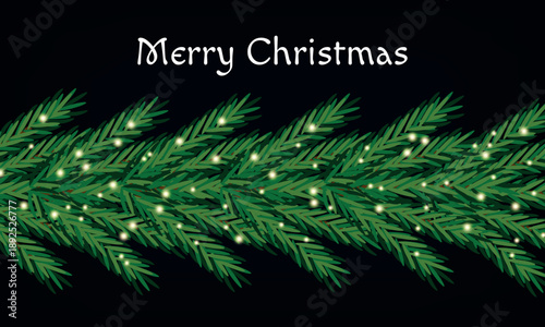 Obraz na plátně Christmas Fir Branch with Glowing Lights on Dark Background
