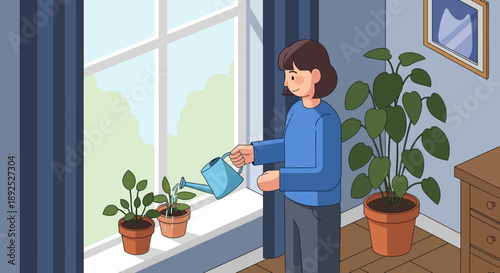 Woman Watering Plants Near Window.