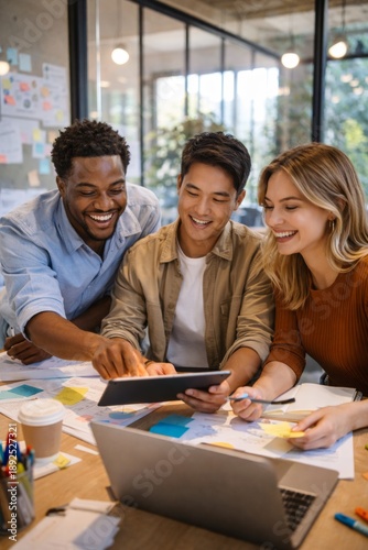 Diverse team working together in office on laptops sharing ideas and collaborating on business project
