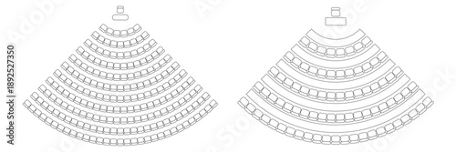 Auditorium seat plan. Quadrant arrangement of seats and desks in amphitheater with place spectators. Top view of scheme of meeting, conference, training, lecture or entertainment. Vector illustration.