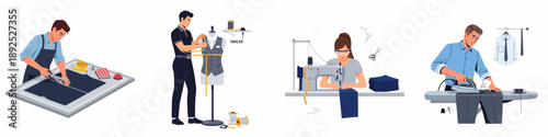 Set of flat illustrations showing tailoring and garment production steps: fabric cutting, body measuring, machine sewing, and clothes pressing.