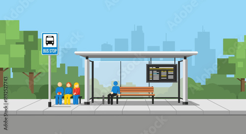 Cartoon Bus Stop with People Waiting.