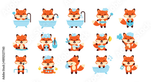 Cartoon Fox In Various Bathing Poses