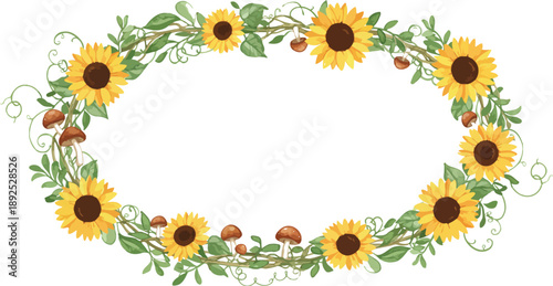 Sunflower frame with bright yellow flowers and floral border background