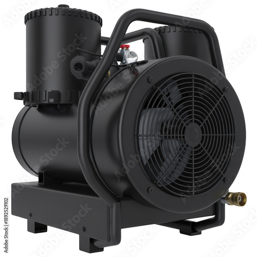 Black industrial air compressor with large fan and cylindrical tank isolated on a transparent background