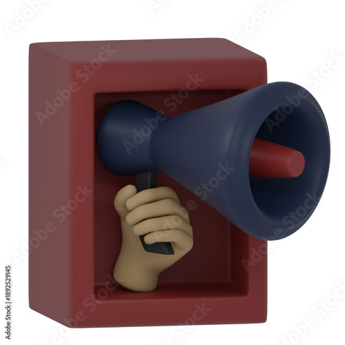3D Illustration of a Hand Holding a Megaphone Inside a Red Box