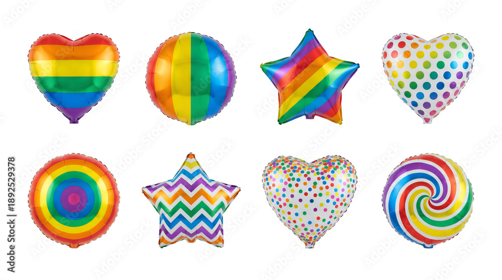 Obraz premium Rainbow foil balloon set including heart, star, and round shapes with colorful patterns isolated. Lgbtq pride month celebration and party decoration.