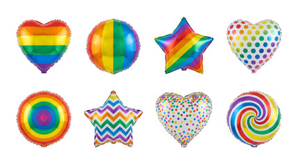Rainbow foil balloon set including heart, star, and round shapes with colorful patterns isolated. Lgbtq pride month celebration and party decoration.