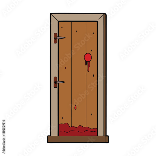 A wooden door stained with dark red, smears tracing the frame, hinting at a grim scene beyond, the grain of the wood stark against the vivid, unsettling blood marks.
