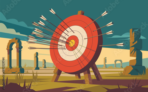 Arrows hitting a target on a stand in an open landscape with structures in the background