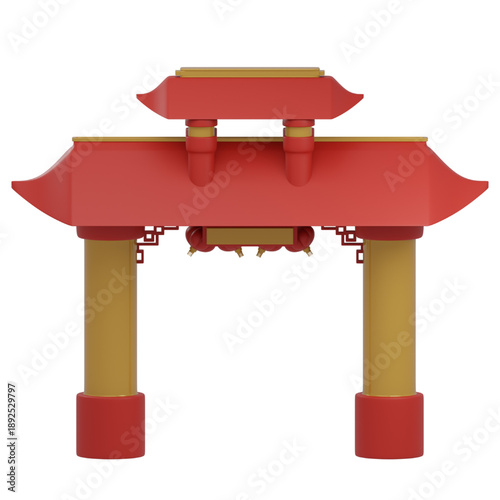 Traditional Asian Torii Gate Structure with Red and Gold Color Scheme