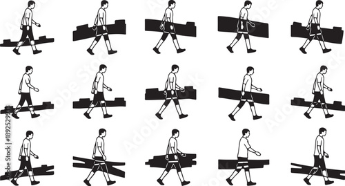 Man carrying large object in various walking positions sequence