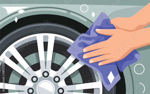 Hand cleaning a car wheel with a blue cloth and soap suds close-up illustration