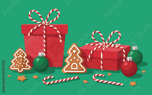 Festive holiday gifts and decorations on green background with candy canes and gingerbread cookies
