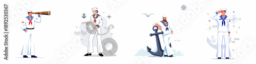 Nautical Characters Collection: Four Sailors in White Uniforms with Spyglass, Anchor, Rope, and Saluting Pose.
