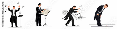Vector illustration set showing different actions of a classical music conductor in tuxedo: conducting, score reading, performing dynamically, and bowing after performance.