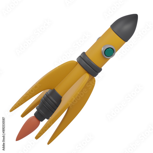 3D illustration of a yellow rocket ship with fins and a fiery exhaust, launching into space, symbolizing innovation and exploration