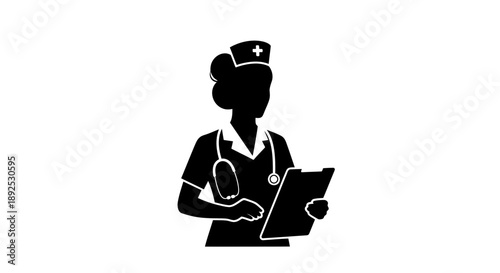 Female Nurse Silhouette with Stethoscope and Clipboard.