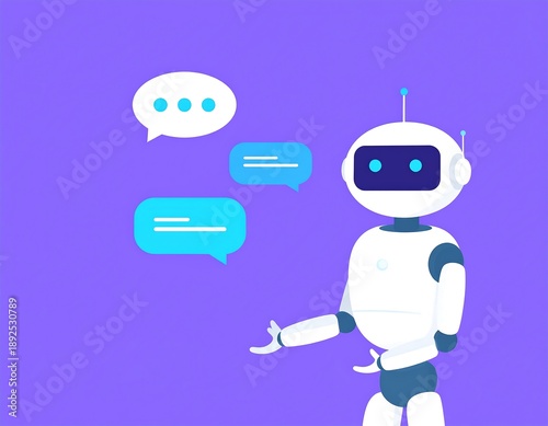 Cartoon-style illustration of a white robot with blue eyes and antennae, conversing with speech bubbles. The robot extends an arm