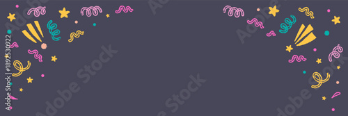 Cute colorful crayon style party frame with stars and confetti, isolated. Hand drawn doodle border with empty space for text, message. Fun birthday illustration on dark background.