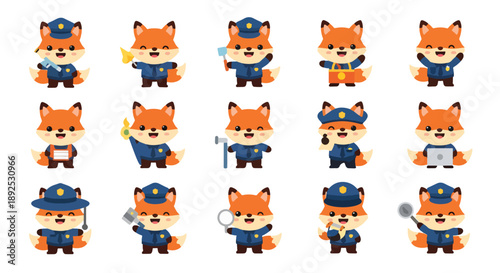 Cute Fox Policeman Cartoon Character Collection