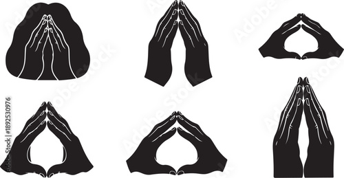 Praying hands in different positions and styles illustration set